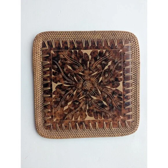 Vintage Pier 1 Trivet w/ Woven Edged Etchewd Coaster Back Feet 10x10