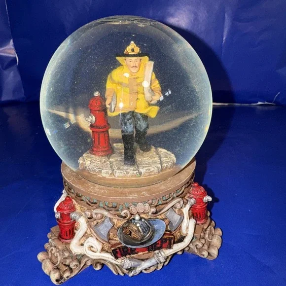 Fire Fighter Water Globe Music Box Plays Wind Beneath My Wings Wind Up Works