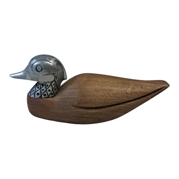 Vintage Wooden Duck with Silver Stainless Steel Tone Metal Head‎ MCM 6
