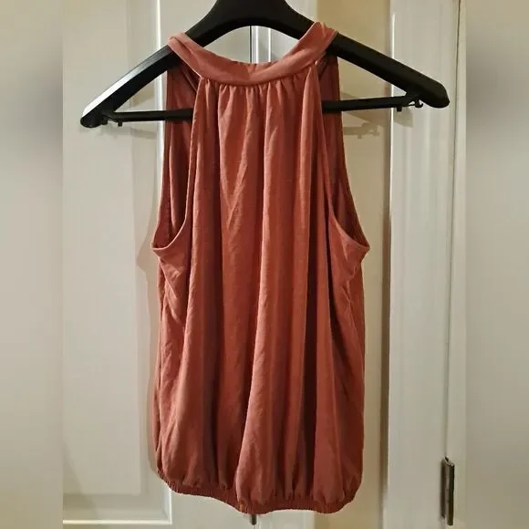 NWOT Green Envelope High Gathered Neck Halter Style Tank Top Blouse Orange/Small