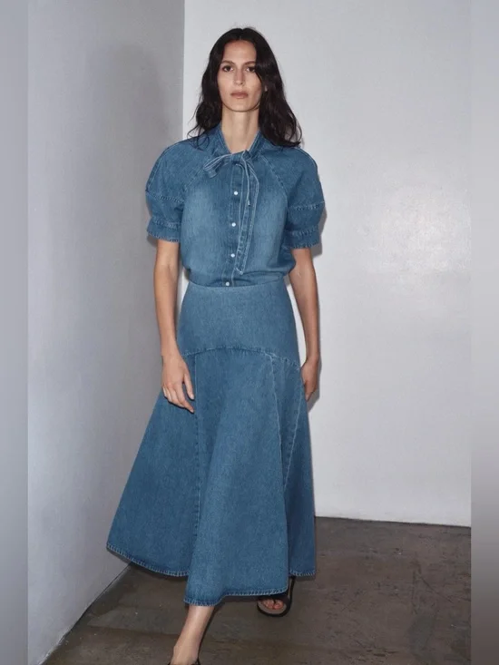 Zara Blue Denim Tie-Neck Top