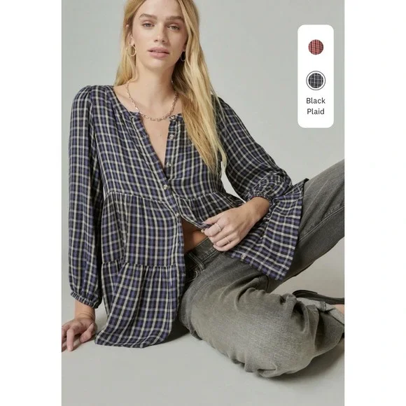 Lucky Brand Women's Size Medium Blue Plaid Button Up Tiered Peplum Tunic Western