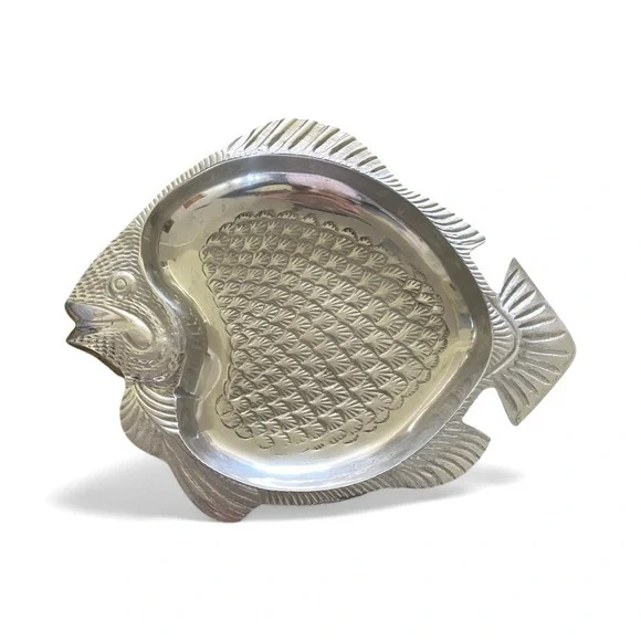 Pewter Fish Serving Tray, Silver-Tone, Embossed and Detailed.