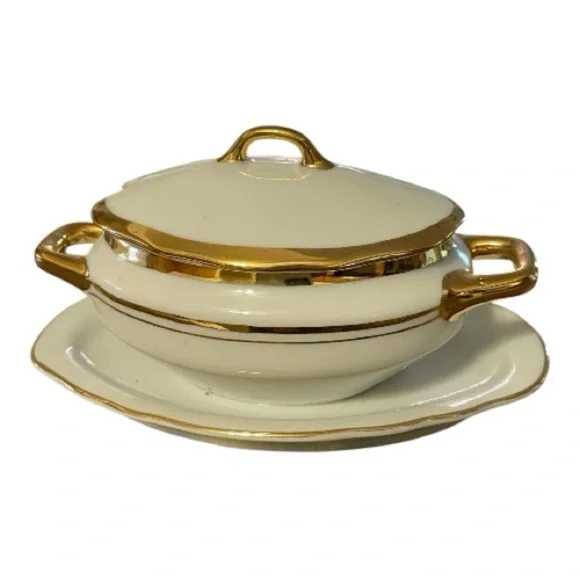 Porcelaine Empire Gold & Cream Sugar Bowl Set, Lid and Attached Underplate.