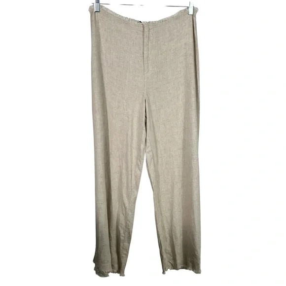 H&M Linen Blend Light Brown Beige Breathable Raw Cut Hem Straight Leg Pants 10