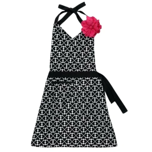 Pier One Black and White Apron with Pink Flower Accent