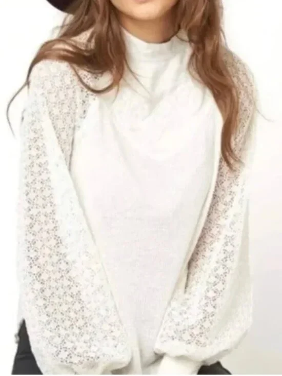 Free People Sweetest Thing Top S Ivory Lace Sleeve Thermal Knit Boho Romantic