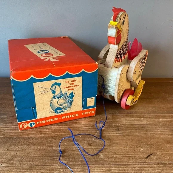Vintage Fisher Price The Cackling Hen 120 Wooden Pull Toy with Original Box