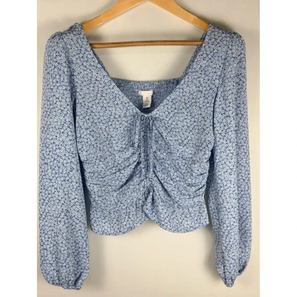 H&M Blue Ditsy Floral Ruched Tie Front Crop Top Smocked Back Coquette Small Boho