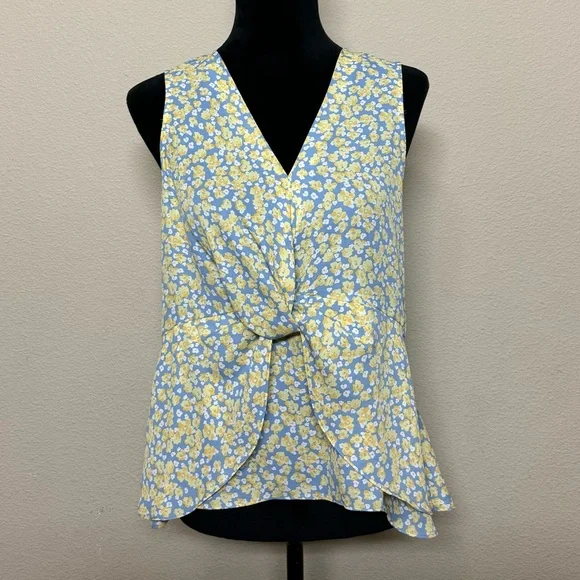 Pleione top women medium vneck sleeveless twist front tank floral yellow & blue