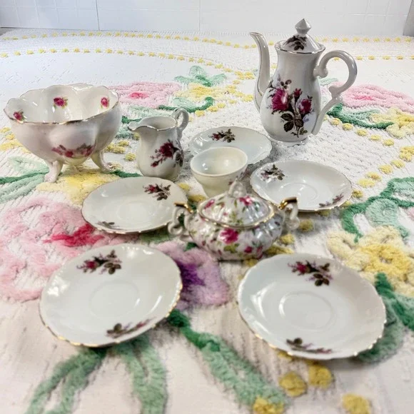 Vintage Miniature Porcelain Tea Set Pink Rose‎ Gold Trim Teapot Sugar Creamer