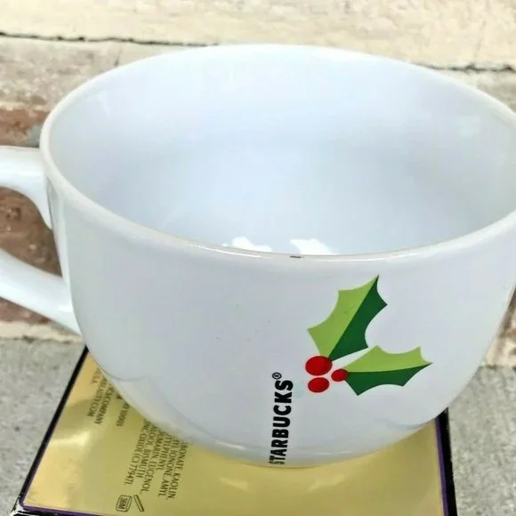 Starbucks Christmas Soup Bowl Coffee Mug 2011 White Red Green Holly Collectible