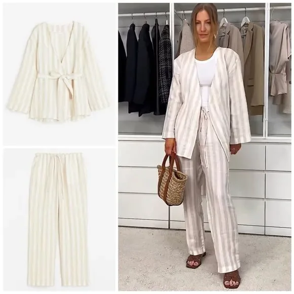 H&M Co-Ord 100% Linen Striped Set Pants Top New