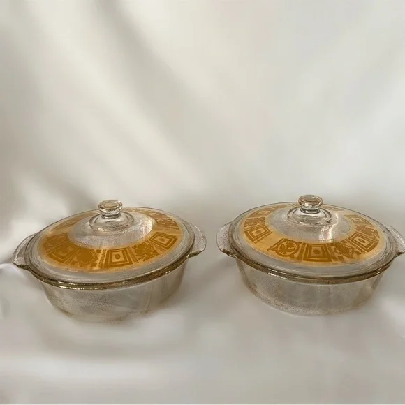 Vintage fire king culver coronet metallic gold covered casserole dishes cookware
