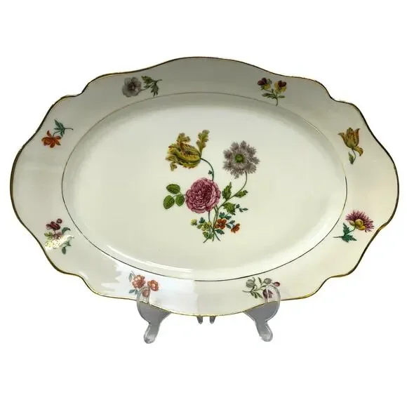 AJCO (AJ07) Vintage 1930's Gold Trim Flower Oval 16 x11 Serving Platter