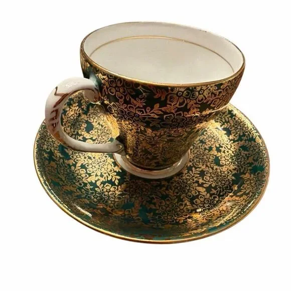 Royal Grafton-bone China-teacup, saucer porcelain Dark green gold floral design