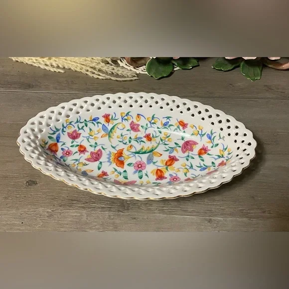 Vintage Germany Hand Painted Floral Lattice Porcelain Dish -Excellent Condition