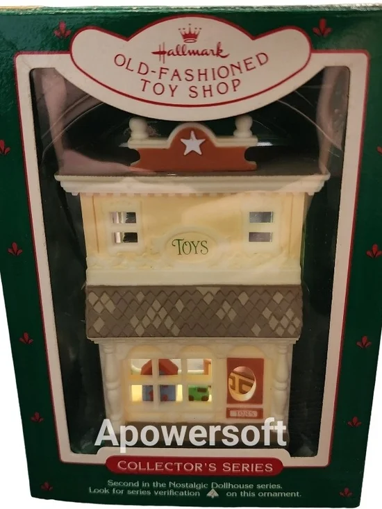1985 Hallmark Old-Fashioned Toy Shop Ornament in Cream and Green with Brown Roof