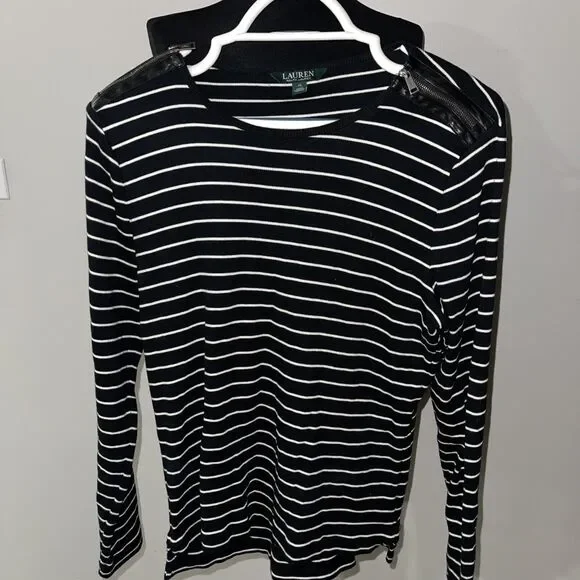 LAUREN Ralph Lauren Knit Top Womens XL Zipper Shoulder LS Ribbed Sweater