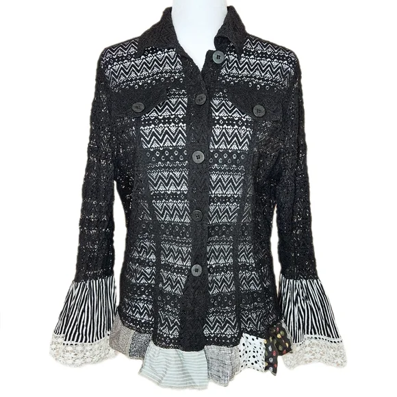 N Touch Black Lace Patchwork Top Women's Medium Button Up Flare Sleeves Goth Alt