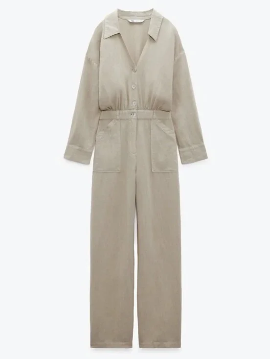 Zara Beige Linen Blend Button Front Collared Wide Leg Jumpsuit