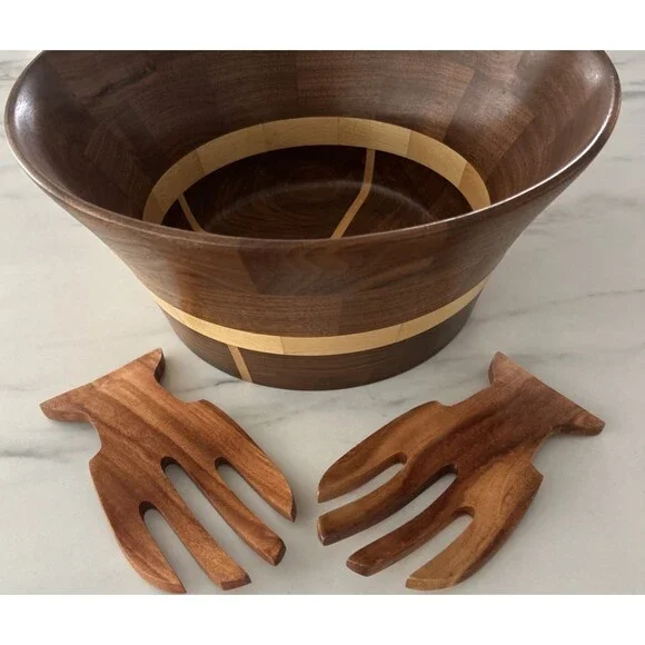 Vintage Segmented Wood Bowl Hand Turned Mid Century Style Salad Server Primitive