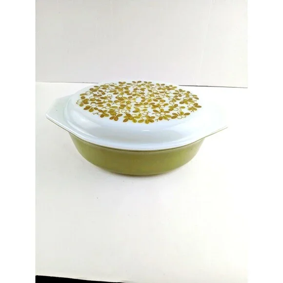 VTG Pyrex Verde Olive Green #045 2.5 Qt Oval Casserole Dish w 945-C Lid USA