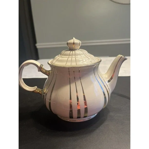 Vintage Sadler Teapot White w Gold Vertical Stripes England 3688