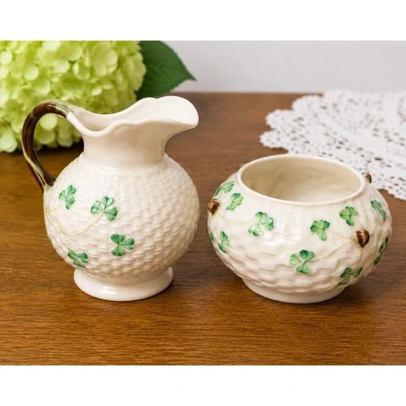 VTG Belleek Ireland Shamrock Cream Sugar Set Irish Creamer Open Bowl Basketweave