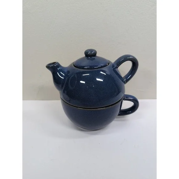 Pier 1 Teapot With Lid & Mug Stoneware Indigo Blue Euc