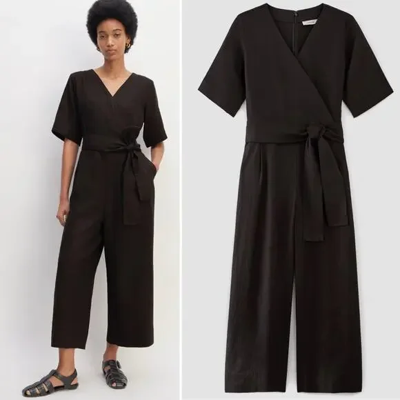 Everlane Black Linen Wrap Jumpsuit Size 10 NWOT Minimalist One Piece Sustainable