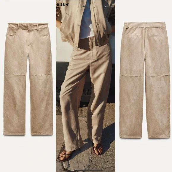 Zara NWT cream beige faux suede straight leg pants