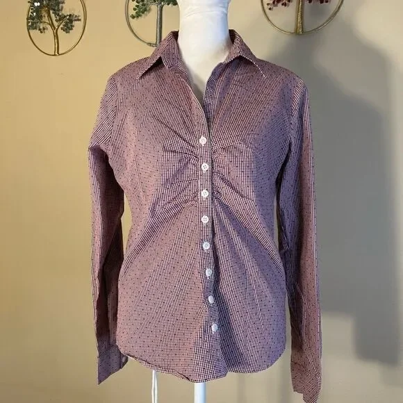 Van Heusen Stretch Berry and White Pin Check Pattern Long Sleeve Button Down S