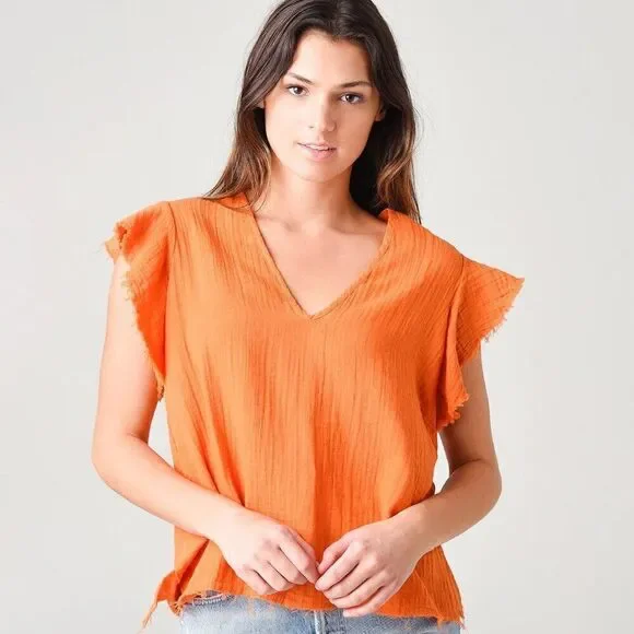 Stark X Gauze Ruffle Sleeve V Neck Orange Top Small
