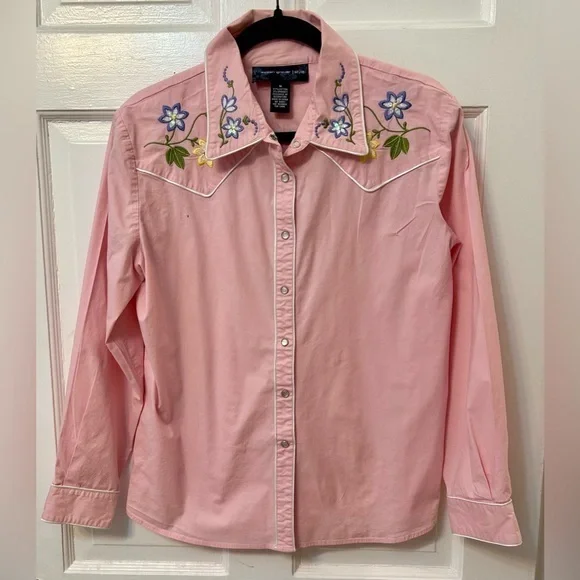Susan Graver Women’s Western Shirt Sz L | Pink w Floral Embroidery Snaps