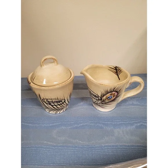 Tabletops Peacock Hand Painted NWT Cream Ceramic‎ Sugar Bowl & Creamer Gift Set