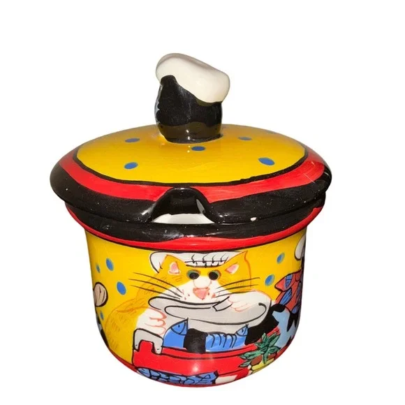 READ PICS Catzilla Candace Reiter Designs Sugar Bowl Ceramic Bowl W/ Lid 2002