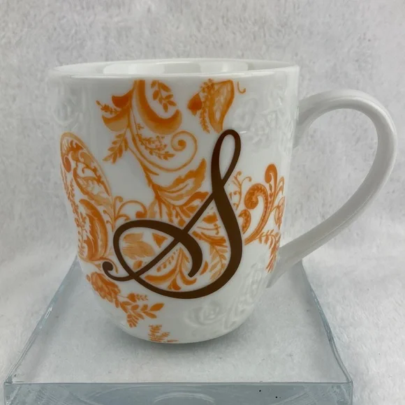 Pier 1 Ava Monogram Letter S 3D Scrollwork Porcelain Coffee Mug