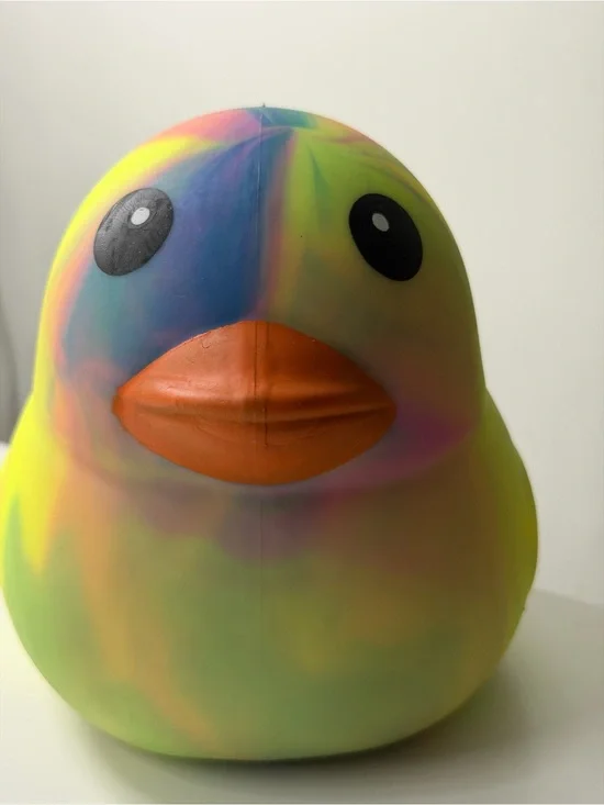 Brand new Squeeeezy Duck Rainbow Multicolor Rubber Bird Toy with Orange Beak