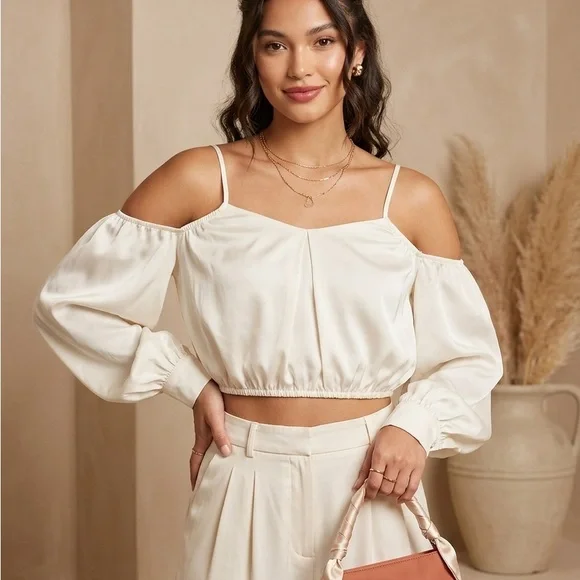 Women's‎ Cream Cold-Shoulder Satin Crop Top
