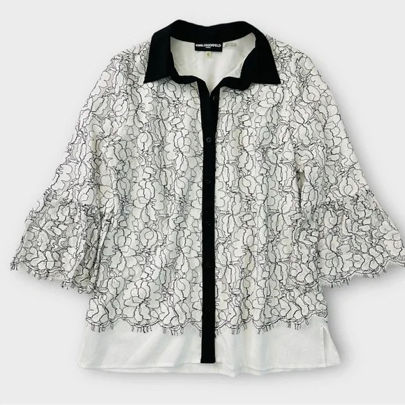 Karl Lagerfeld Floral‎ Lace Bell Sleeve Button Down Top Size XS White Black