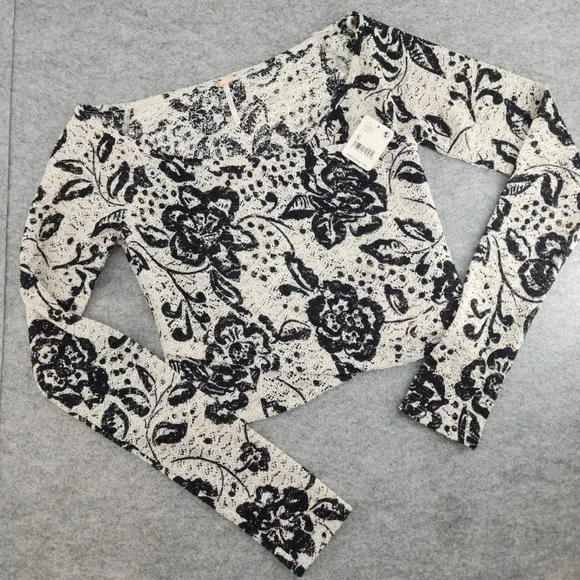 Free People Small | Cream Black Floral Lace Long Sleeve Cropped Square Neck Top