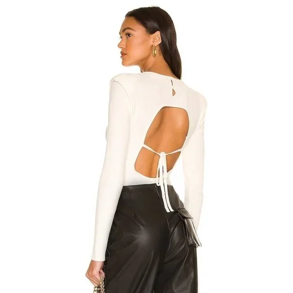 ASTR the Label Felice Sweater Bodysuit in Off White Open Back