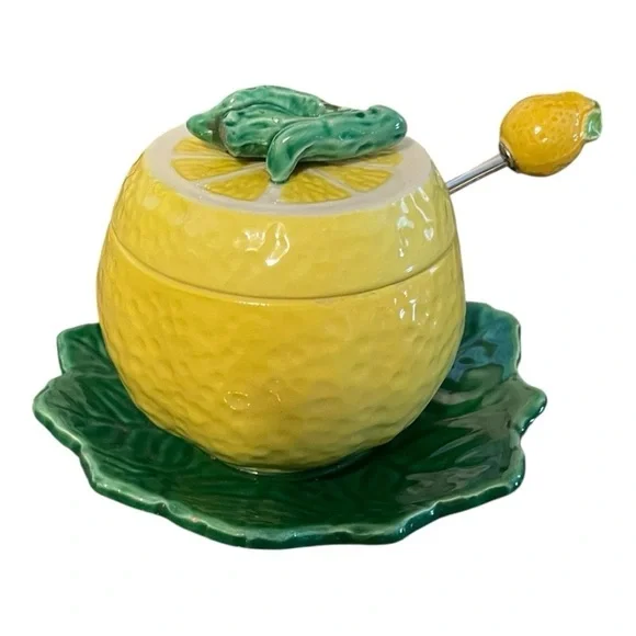 Lemon Pot, Vintage, Yellow & Green, Lemon Lid w/Fork, Realistic