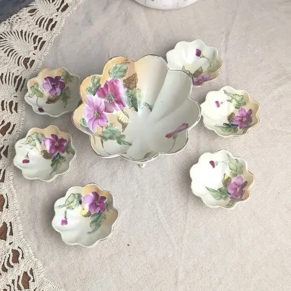 Vintage Made in Japan Porcelain Relish Server Set 3-Footed Bowl & 6 Floral bowls