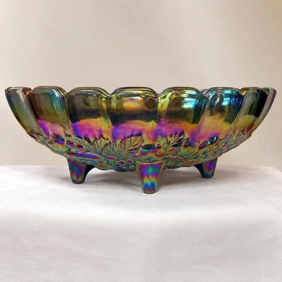 Vintage Carnival Glass Blue Iridescent Footed Fruit Bowl Harvest Pattern 12