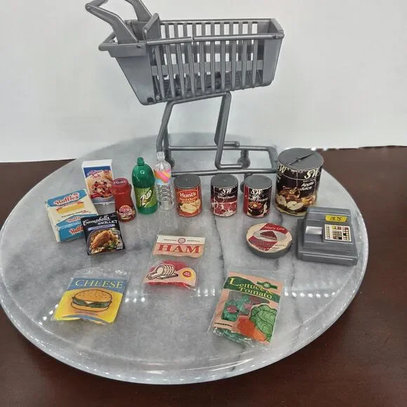 Vintage Barbie Grocery Shopping Cart Food Accessories Lot Ruffles 7Up Cans Toy