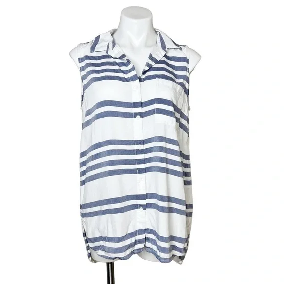 Beachlunchlounge Women's Blue White Stripe Sleeveless Button Down Shirt Blouse