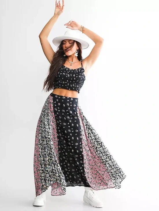 Free People Kaia Smocked Adjustable Strap Cropped Tank Top Boho Floral Print