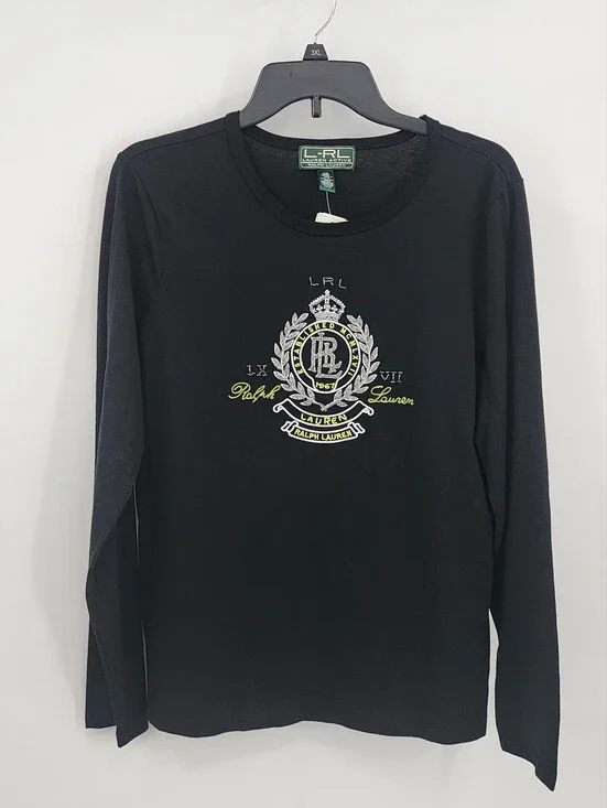 Lauren Active Ralph Lauren Black Longsleeve Tee with Embroidered Crest, Large